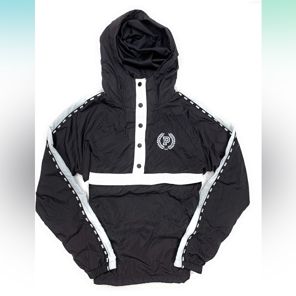 VS Pink(J)Women’s Half Snap Funnel Neck Hood Anorak Jacket Sz M/L Black EUC